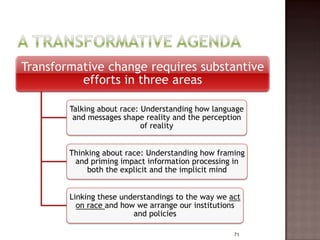 Transformative change requires substantive
          efforts in three areas

        Talking about race: Understanding how language
         and messages shape reality and the perception
                            of reality


        Thinking about race: Understanding how framing
         and priming impact information processing in
             both the explicit and the implicit mind


        Linking these understandings to the way we act
          on race and how we arrange our institutions
                         and policies

                                                    71
 