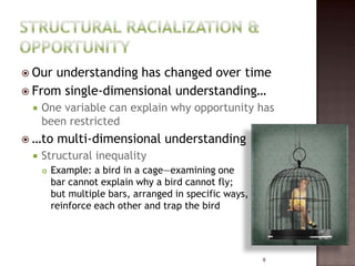  Our understanding has changed over time
 From single-dimensional understanding…
    One variable can explain why opportunity has
     been restricted
 …to     multi-dimensional understanding
    Structural inequality
        Example: a bird in a cage—examining one
         bar cannot explain why a bird cannot fly;
         but multiple bars, arranged in specific ways,
         reinforce each other and trap the bird




                                                         9
 