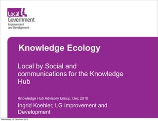 Knowledge Ecology

                Local by Social and
                communications for the Knowledge
                Hub

                Knowledge Hub Advisory Group, Dec 2010

                Ingrid Koehler, LG Improvement and
                Development
Wednesday, 15 December 2010
 