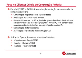 Foco no Cliente: Célula de Construção Própria
   Em abril/2010 a CCDI iniciou a implementação de sua célula de
   construção própria
     Contratação de profissionais especializados
     Adequação do SAP ao novo modelo
     Desenvolvimento e certificação do Programa Brasileiro da Qualidade
     e Produtividade do Habitate (PBQP-H – nível: D), com continuidade
     na preparação dos trabalhos para certificação no nível A.
     Contratação de fornecedores
     Associação ao Sindicato da Construção Civil


   Início da Operação com os empreendimentos:
      Chardonnay – Agosto/2010
      Merlot – Outubro/2010
      Malbec – Fevereiro/2011


                                  11
 