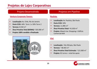 Projetos de Lajes Corporativas
        Projeto Desenvolvido                                   Projetos em Pipeline
 Ventura Corporate Towers                         Paulista
                                                         Localização: Av. Paulista, São Paulo
   Localização: Av. Chile, Rio de Janeiro
                                                         Parte CCDI: 50%
   Parte CCDI: 44% Torre 1 e 50% Torre 2
                                                         Terreno: 11.896 m²
   Terreno: 8.550 m²
                                                         Área Privativa Total:~41.650 m²
   Área Privativa Total (BOMA):~105.000 m²
                                                         Projeto: Mixed-Use: Shopping + Edifício
   Projeto 100% vendido e finalizado
                                                         Comercial AAA

                                                  Viol


                                                         Localização: Vila Olímpia, São Paulo
                                                         Terreno: ~38.403 m²
                                                         Área Privativa Total Estimada: ~121.000 m²
                                                         Projeto: 02 torres + retail de apoio




                                             23
 