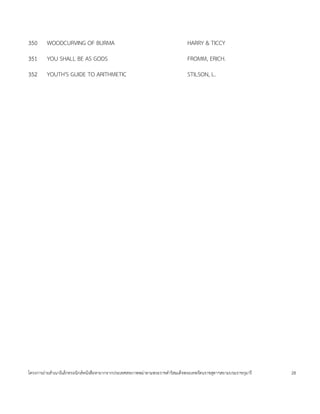 350     WOODCURVING OF BURMA                                                HARRY & TICCY
351     YOU SHALL BE AS GODS                                                FROMM, ERICH.
352     YOUTH'S GUIDE TO ARITHMETIC                                         STILSON, L.




โครงการถ<ายส=าเนาอ$เลกทรอน$กสหนงส'อหายากจากประเทศสหภาพพม<าตามพระราชด=าร$สมเดจพระเทพรตนราชสดาฯสยามบรมราชกมาร   28
 