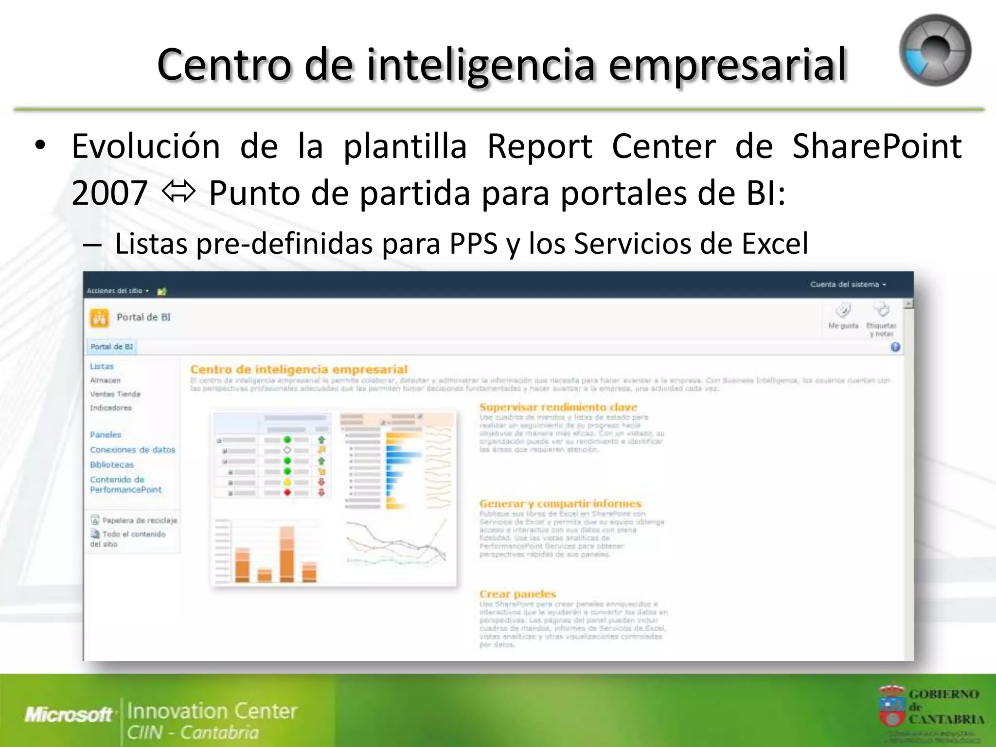 Centro de inteligencia empresarial
• Evolución de la plantilla Report Center de SharePoint
  2007  Punto de partida para portales de BI:
  – Listas pre-definidas para PPS y los Servicios de Excel
 