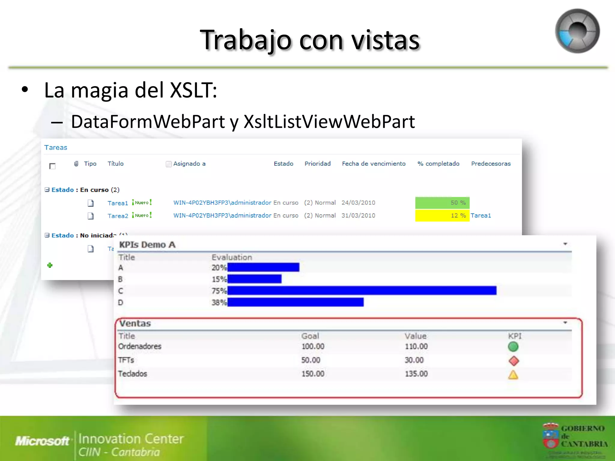 Trabajo con vistas
• La magia del XSLT:
   – DataFormWebPart y XsltListViewWebPart
 