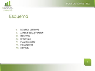 PLAN DE MARKETING
Σmpirica
research


     Esquema


           I.     RESUMEN EJECUTIVO
           II.    ANÁLISIS DE LA SITUACIÓN
           III.   OBJETIVOS
           IV.    ESTRATEGIA
           V.     PLAN DE ACCIÓN
           VI.    PRESUPUESTO
           VII.   CONTROL




                                                            3
 