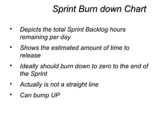 Sprint Burn down ChartSprint Burn down Chart
 Depicts the total Sprint Backlog hours
remaining per day
 Shows the estimated amount of time to
release
 Ideally should burn down to zero to the end of
the Sprint
 Actually is not a straight line
 Can bump UP
 