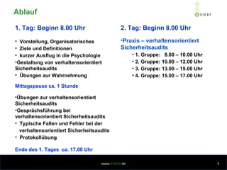 1. Tag: Beginn 8.00 Uhr Vorstellung, Organisatorisches Ziele und Definitionen kurzer Ausflug in die Psychologie Gestaltung von  verhaltensorientiert Sicherheitsaudits Übungen zur Wahrnehmung Mittagspause ca. 1 Stunde Übungen zur  verhaltensorientiert Sicherheitsaudits Gesprächsführung bei  verhaltensorientiert Sicherheitsaudits Typische Fallen und Fehler bei der verhaltensorientiert Sicherheitsaudits Protokollübung Ende des 1. Tages  ca. 17.00 Uhr 2. Tag: Beginn 8.00 Uhr Praxis – verhaltensorientiert Sicherheitsaudits 1. Gruppe:  8.00 – 10.00 Uhr 2. Gruppe: 10.00 – 12.00 Uhr  3. Gruppe: 13.00 – 15.00 Uhr 4. Gruppe: 15.00 – 17.00 Uhr Ablauf www. 3-Sicht .de 