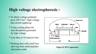 High voltage electrophoresis :
To obtain voltage gradients
up to 100 Vcm-1, high voltage
and current supplying
*
*
*
Using cooling plates for
heat dissipation generated
by high voltage
Less than of 1h analysis time
* Working best with small ions
deriving from small peptides
and amino acids
Figure 8: HVE apparatus
 