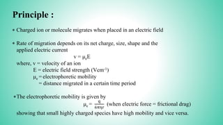 Principle :
* Charged ion or molecule migrates when placed in an electric field
Rate of migration depends on its net charge, size, shape and the
applied electric current
v = μeE
where, v = velocity of an ion
E = electric field strength (Vcm-1)
μe = electrophoretic mobility
= distance migrated in a certain time period
The electrophoretic mobility is given by
μe =
q
6πηr
(when electric force = frictional drag)
showing that small highly charged species have high mobility and vice versa.
*
*
 