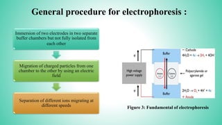 General procedure for electrophoresis :
Immersion of two electrodes in two separate
buffer chambers but not fully isolated from
each other
Migration of charged particles from one
chamber to the other by using an electric
field
Separation of different ions migrating at
different speeds Figure 3: Fundamental of electrophoresis
 