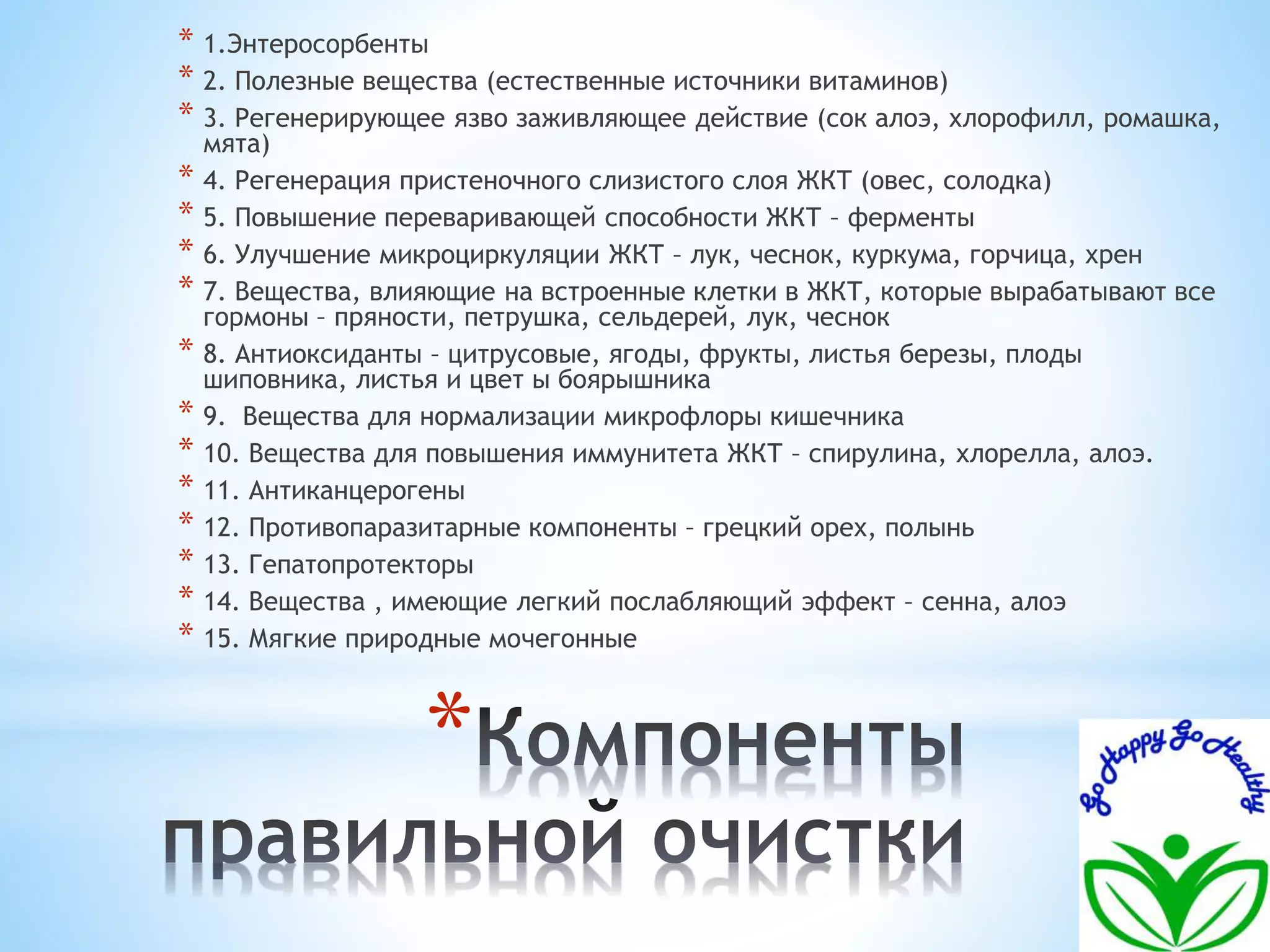 * 1.Энтеросорбенты 
* 2. Полезные вещества (естественные источники витаминов) 
* 3. Регенерирующее язво заживляющее действие (сок алоэ, хлорофилл, ромашка, 
мята) 
* 4. Регенерация пристеночного слизистого слоя ЖКТ (овес, солодка) 
* 5. Повышение переваривающей способности ЖКТ – ферменты 
* 6. Улучшение микроциркуляции ЖКТ – лук, чеснок, куркума, горчица, хрен 
* 7. Вещества, влияющие на встроенные клетки в ЖКТ, которые вырабатывают все 
гормоны – пряности, петрушка, сельдерей, лук, чеснок 
* 8. Антиоксиданты – цитрусовые, ягоды, фрукты, листья березы, плоды 
шиповника, листья и цвет ы боярышника 
* 9. Вещества для нормализации микрофлоры кишечника 
* 10. Вещества для повышения иммунитета ЖКТ – спирулина, хлорелла, алоэ. 
* 11. Антиканцерогены 
* 12. Противопаразитарные компоненты – грецкий орех, полынь 
* 13. Гепатопротекторы 
* 14. Вещества , имеющие легкий послабляющий эффект – сенна, алоэ 
* 15. Мягкие природные мочегонные 
* 
 