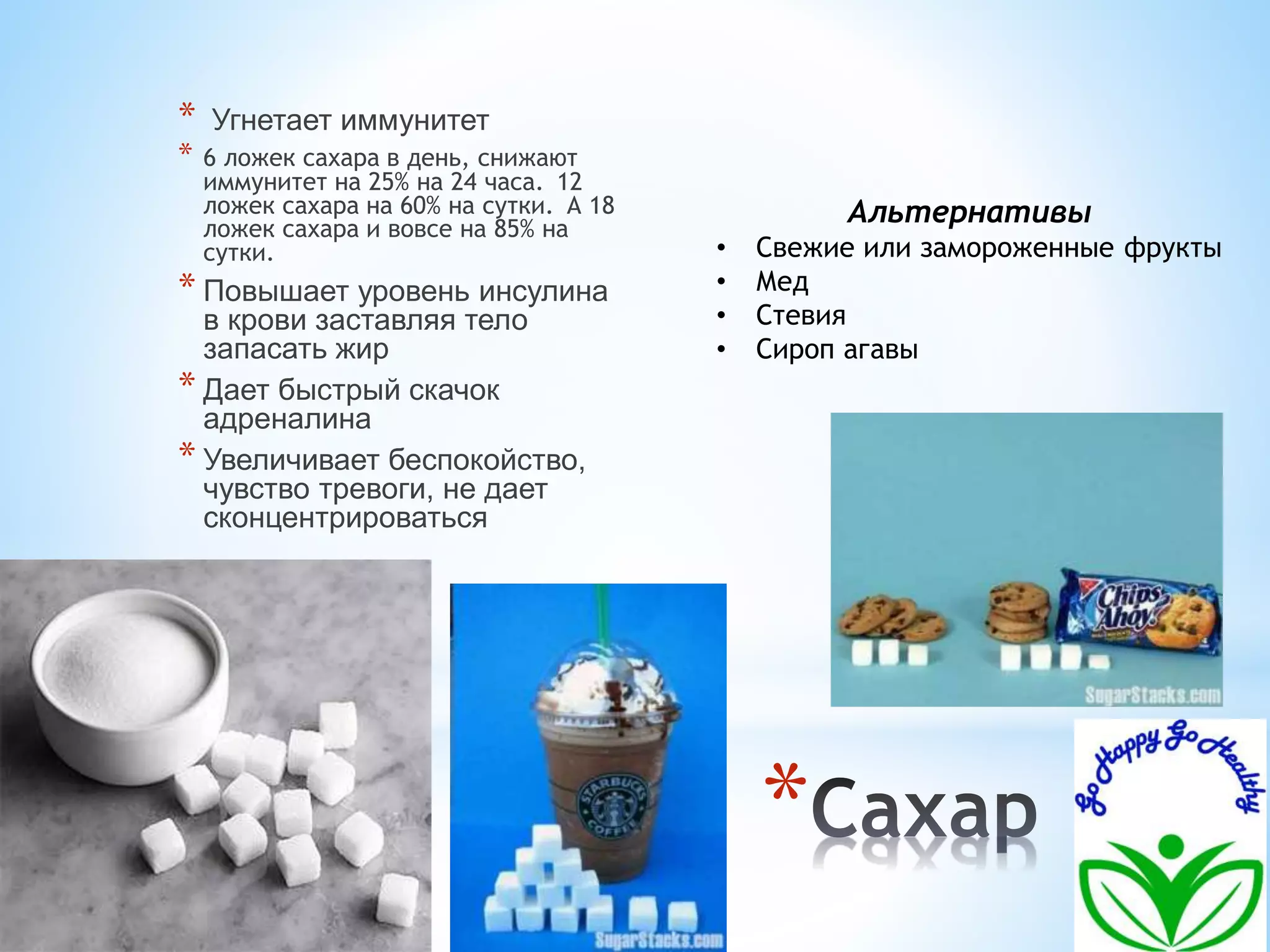* 
* Угнетает иммунитет 
* 6 ложек сахара в день, снижают 
иммунитет на 25% на 24 часа. 12 
ложек сахара на 60% на сутки. А 18 
ложек сахара и вовсе на 85% на 
сутки. 
* Повышает уровень инсулина 
в крови заставляя тело 
запасать жир 
* Дает быстрый скачок 
адреналина 
* Увеличивает беспокойство, 
чувство тревоги, не дает 
сконцентрироваться 
Альтернативы 
• Свежие или замороженные фрукты 
• Мед 
• Стевия 
• Сироп агавы 
 