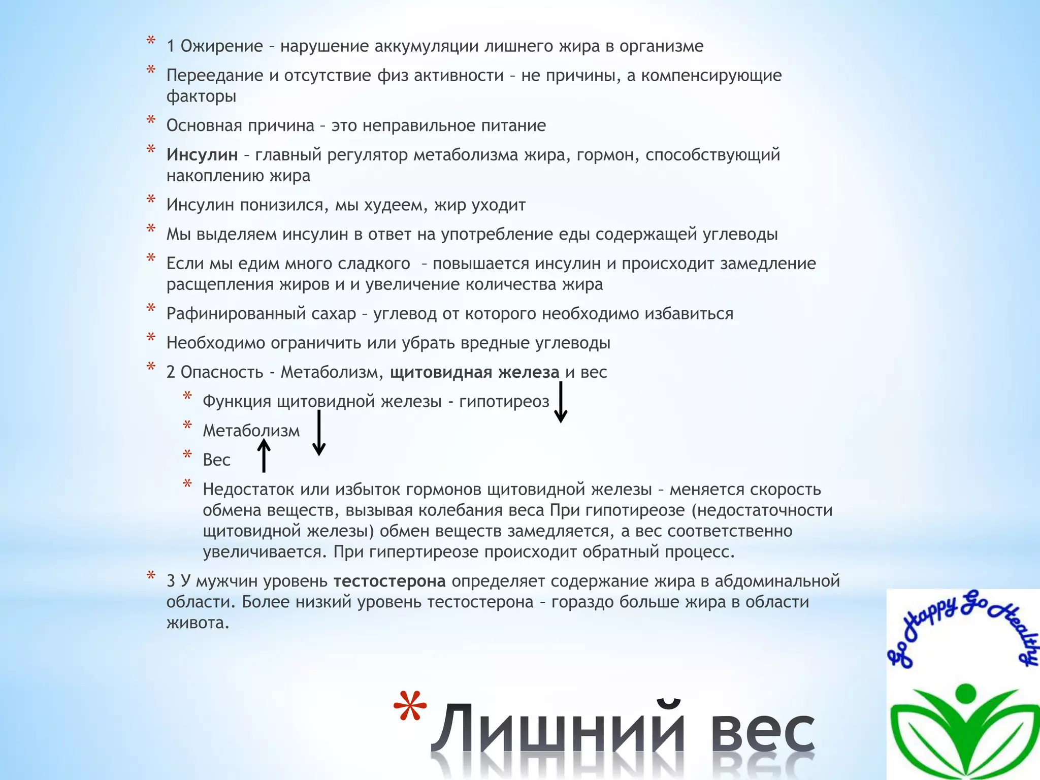 * 1 Ожирение – нарушение аккумуляции лишнего жира в организме 
* Переедание и отсутствие физ активности – не причины, а компенсирующие 
факторы 
* Основная причина – это неправильное питание 
* Инсулин – главный регулятор метаболизма жира, гормон, способствующий 
накоплению жира 
* Инсулин понизился, мы худеем, жир уходит 
* Мы выделяем инсулин в ответ на употребление еды содержащей углеводы 
* Если мы едим много сладкого – повышается инсулин и происходит замедление 
расщепления жиров и и увеличение количества жира 
* Рафинированный сахар – углевод от которого необходимо избавиться 
* Необходимо ограничить или убрать вредные углеводы 
* 2 Опасность - Метаболизм, щитовидная железа и вес 
* Функция щитовидной железы - гипотиреоз 
* Метаболизм 
* Вес 
* Недостаток или избыток гормонов щитовидной железы – меняется скорость 
обмена веществ, вызывая колебания веса При гипотиреозе (недостаточности 
щитовидной железы) обмен веществ замедляется, а вес соответственно 
увеличивается. При гипертиреозе происходит обратный процесс. 
* 3 У мужчин уровень тестостерона определяет содержание жира в абдоминальной 
области. Более низкий уровень тестостерона – гораздо больше жира в области 
живота. 
* 
 