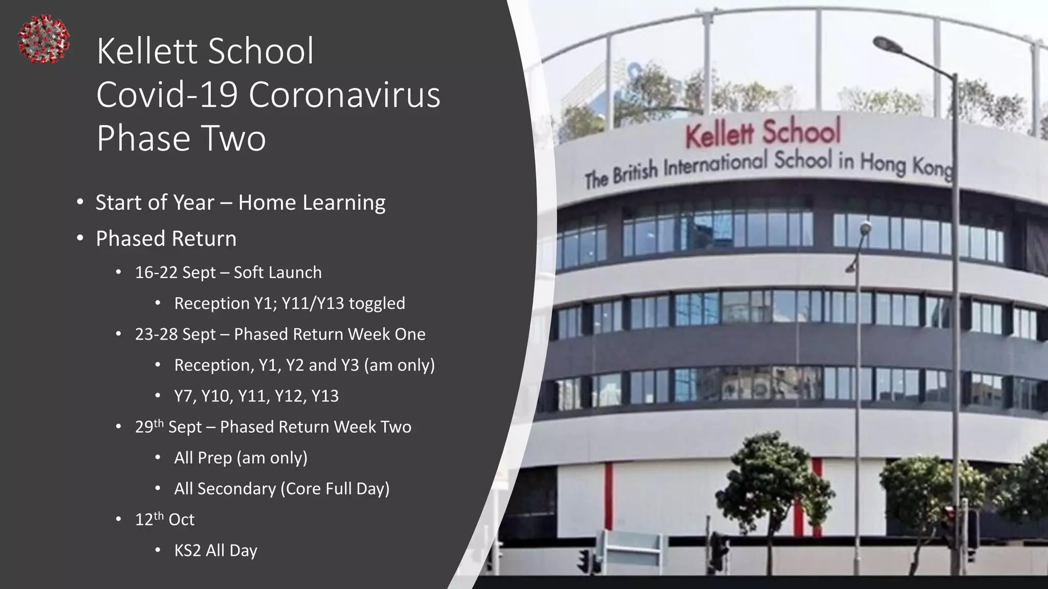 Kellett School
Covid-19 Coronavirus
Phase Two
• Start of Year – Home Learning
• Phased Return
• 16-22 Sept – Soft Launch
• Reception Y1; Y11/Y13 toggled
• 23-28 Sept – Phased Return Week One
• Reception, Y1, Y2 and Y3 (am only)
• Y7, Y10, Y11, Y12, Y13
• 29th Sept – Phased Return Week Two
• All Prep (am only)
• All Secondary (Core Full Day)
• 12th Oct
• KS2 All Day
 