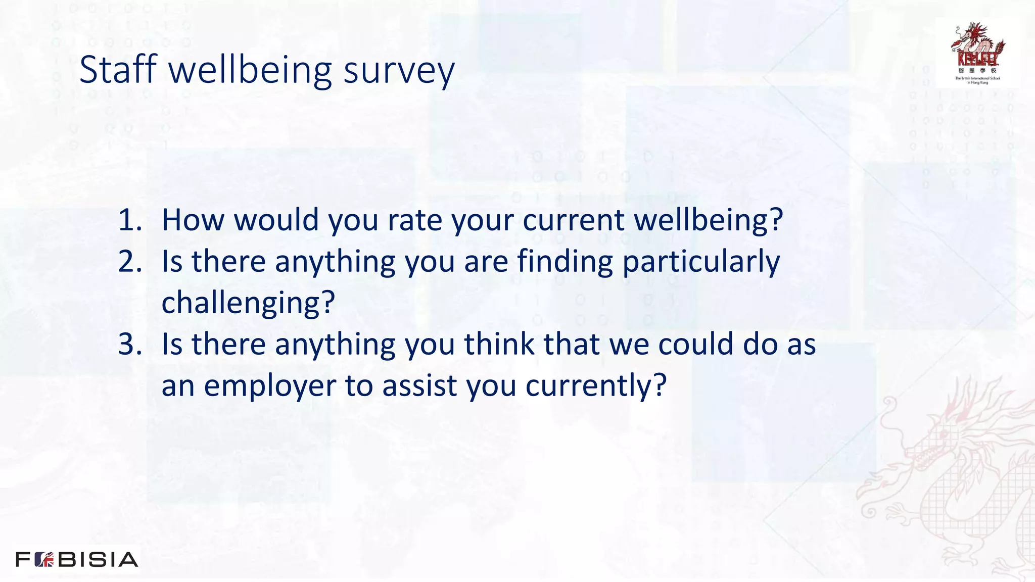Staff wellbeing survey
1. How would you rate your current wellbeing?
2. Is there anything you are finding particularly
challenging?
3. Is there anything you think that we could do as
an employer to assist you currently?
 