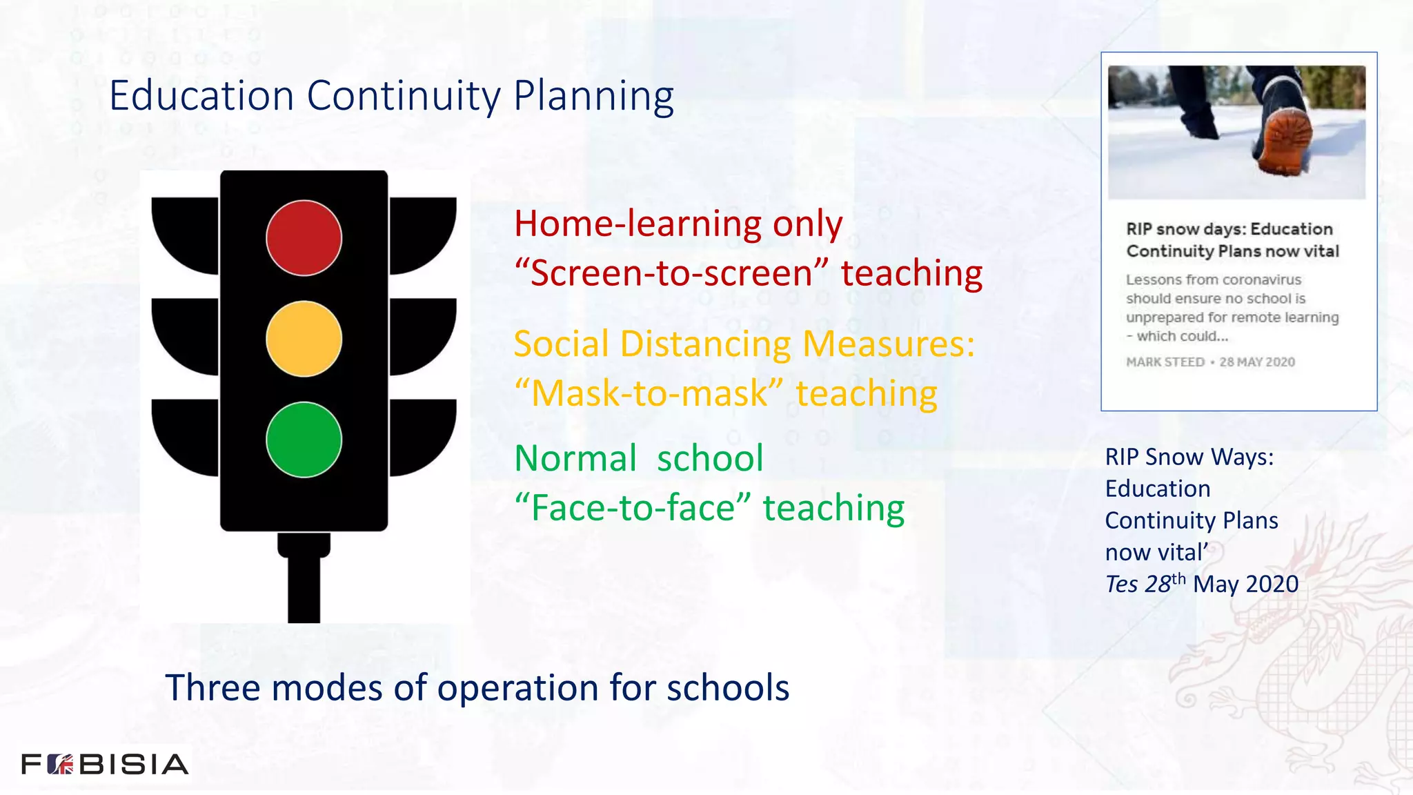 Education Continuity Planning
Home-learning only
“Screen-to-screen” teaching
Normal school
“Face-to-face” teaching
Social Distancing Measures:
“Mask-to-mask” teaching
Three modes of operation for schools
RIP Snow Ways:
Education
Continuity Plans
now vital’
Tes 28th May 2020
 