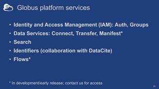 Globus platform services
• Identity and Access Management (IAM): Auth, Groups
• Data Services: Connect, Transfer, Manifest*
• Search
• Identifiers (collaboration with DataCite)
• Flows*
25
* In development/early release; contact us for access
 