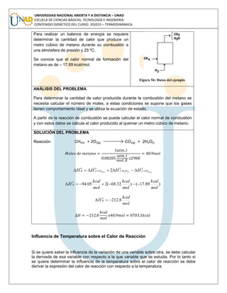 UNIVERSIDAD NACIONAL ABIERTA Y A DISTANCIA – UNAD
ESCUELA DE CIENCIAS BÁSICAS, TECNOLOGÍA E INGENIERÍA
CONTENIDO DIDÁCTICO DEL CURSO: 201015 – TERMODINÁMICA
Para realizar un balance de energía se requiere
determinar la cantidad de calor que produce un
metro cúbico de metano durante su combustión a
una atmósfera de presión y 25 ºC.
Se conoce que el calor normal de formación del
metano es de – 17.89 kcal/mol.
Figura 56: Datos del ejemplo
ANÁLISIS DEL PROBLEMA
Para determinar la cantidad de calor producida durante la combustión del metano se
necesita calcular el número de moles, a estas condiciones se supone que los gases
tienen comportamiento ideal y se utiliza la ecuación de estado.
A partir de la reacción de combustión se puede calcular el calor normal de combustión
y con estos datos se calcula el calor producido al quemar un metro cúbico de metano.
SOLUCIÓN DEL PROBLEMA
Reacción CH4(s) + 2O2(g) CO2(g) + 2H2O(l)
o
CHf
o
OHf
o
COf
o
R glg HHHH )(4)(2)(2 2 
)89.17()32.68(205.94
mol
kcal
mol
kcal
mol
kcal
H
o
R 
mol
kcal
H
o
R 8.212
Influencia de Temperatura sobre el Calor de Reacción
Si se quiere saber la influencia de la variación de una variable sobre otra, se debe calcular
la derivada de esa variable con respecto a la que variable que se estudia. Por lo tanto si
se quiere determinar la influencia de la temperatura sobre el calor de reacción se debe
derivar la expresión del calor de reacción con respecto a la temperatura.
 