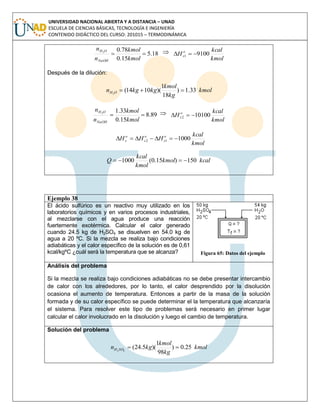 UNIVERSIDAD NACIONAL ABIERTA Y A DISTANCIA – UNAD
ESCUELA DE CIENCIAS BÁSICAS, TECNOLOGÍA E INGENIERÍA
CONTENIDO DIDÁCTICO DEL CURSO: 201015 – TERMODINÁMICA
18.5
15.0
78.02

kmol
kmol
n
n
NaOH
OH 
kmol
kcal
H o
s 91001 
Después de la dilución:
kmol
kg
kmol
kgkgn OH 33.1)
18
1
)(1014(2

89.8
15.0
33.12

kmol
kmol
n
n
NaOH
OH

kmol
kcal
H o
s 101002 
kmol
kcal
HHH o
s
o
s
o
s 100012 
kcalkmol
kmol
kcal
Q 150)15.0(1000 
Ejemplo 38
El ácido sulfúrico es un reactivo muy utilizado en los
laboratorios químicos y en varios procesos industriales,
al mezclarse con el agua produce una reacción
fuertemente exotérmica. Calcular el calor generado
cuando 24.5 kg de H2SO4 se disuelven en 54.0 kg de
agua a 20 ºC. Si la mezcla se realiza bajo condiciones
adiabáticas y el calor específico de la solución es de 0,61
kcal/kgºC ¿cuál será la temperatura que se alcanza? Figura 65: Datos del ejemplo
Análisis del problema
Si la mezcla se realiza bajo condiciones adiabáticas no se debe presentar intercambio
de calor con los alrededores, por lo tanto, el calor desprendido por la disolución
ocasiona el aumento de temperatura. Entonces a partir de la masa de la solución
formada y de su calor específico se puede determinar el la temperatura que alcanzaría
el sistema. Para resolver este tipo de problemas será necesario en primer lugar
calcular el calor involucrado en la disolución y luego el cambio de temperatura.
Solución del problema
kmol
kg
kmol
kgn SOH 25.0)
98
1
)(5.24(42

 