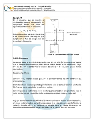 UNIVERSIDAD NACIONAL ABIERTA Y A DISTANCIA – UNAD
ESCUELA DE CIENCIAS BÁSICAS, TECNOLOGÍA E INGENIERÍA
CONTENIDO DIDÁCTICO DEL CURSO: 201015 – TERMODINÁMICA
Ejemplo 41
En el diagrama que se muestra a
continuación aparece representado un
refrigerador térmico que tiene las
siguientes condiciones de operación:
y
Aplique la primera ley al proceso y diga
si se puede diseñar una máquina que
cumpla con el flujo de energía que se
presenta en el esquema.
Figura 70: Esquema de un refrigerador térmico
Análisis del problema
La primera ley de la termodinámica nos dice que: . En el esquema, no parece
que el sistema termodinámico o motor reciba o ceda trabajo a los alrededores, luego
y ; en donde es la variación de calor: , calor ganado menos
calor cedido.
Solución del problema
Como , entonces queda que . El motor térmico no sufre cambio en su
energía interna.
El efecto neto de proceso ejecutado por el sistema sería el de llevar calor de una fuente
fría a una fuente caliente , lo cual no es posible.
Como respuesta al problema se puede concluir que la variación de energía interna para el
motor térmico es nula y que dicho motor no se puede construir, no es un motor real.
Hay que dejar claramente establecido que esta máquina es un modelo netamente teórico,
en donde no tienen cabida los fenómenos propios de la vida real, como son la fricción, la
radiación de calor, etc., y en consecuencia se debe tomar en cuenta únicamente, los
fundamentos termodinámicos del proceso en el cual se basa la máquina de Carnot.
 