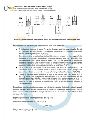 UNIVERSIDAD NACIONAL ABIERTA Y A DISTANCIA – UNAD
ESCUELA DE CIENCIAS BÁSICAS, TECNOLOGÍA E INGENIERÍA
CONTENIDO DIDÁCTICO DEL CURSO: 201015 – TERMODINÁMICA
Figura 72: Representación gráfica de un pistón que sigue la trayectoria del ciclo de Carnot.
La explicación de los pasos que constituyen el ciclo es la siguiente:
 El pistón que encierra el gas a P1, V1 se desplaza cuando absorbe calor Q1 del
foco que está a la temperatura T1 (trayectoria isotérmica T1). El desplazamiento se
efectúa hasta llegar al punto 2 (P2, V2).
 En este momento se quita el contacto diatérmico con el foco y el pistón, por efecto
de la inercia, continuará haciendo su expansión, pero en este caso adiabática (sin
intercambio de calor) hasta llegar al punto 3 (P3, V3). Es obvio que la expansión
adiabática ocasiona una disminución de la energía interna del gas, produciendo
una disminución de la temperatura del mismo al llevarla de T1 a T2.
 En el punto 3 el cilindro se pone en contacto con el foco a temperatura T2 y
lentamente este le va quitando calor, Q2 lo que se traducirá en una compresión
isotérmica, esto es en una reducción de volumen para llevarlo al punto 4 (P4, V4).
 La inercia que trae el pistón al llegar al punto 4, es aprovechada para retirar el foco
de T2 y hacer una compresión adiabática Q = O, la cual se traducirá en un
aumento de energía interna ∆U manifestada por el paso de la temperatura T2 a T1,
punto en el cual el sistema termodinámico vuelve a las condiciones iniciales y
completa su ciclo.
Después de estudiar el ciclo nos queda por calcular la cantidad de trabajo realizado por el
sistema hacia los alrededores. Obviamente la diferencia de energía, calor ganado menos
calor cedido, será la cantidad de trabajo -W realizada por el sistema o motor térmico. Por
consiguiente, tenemos:
El primer principio de la termodinámica:
Por ser un proceso cíclico:
Luego: ∮
 