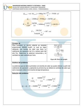 UNIVERSIDAD NACIONAL ABIERTA Y A DISTANCIA – UNAD
ESCUELA DE CIENCIAS BÁSICAS, TECNOLOGÍA E INGENIERÍA
CONTENIDO DIDÁCTICO DEL CURSO: 201015 – TERMODINÁMICA
cal
g
cal
ghmQ fusiónlatente 79700)7.79(1000)( 
calcalcalQf 1047007970025000 
J
cal
J
cal
COP
Q
W
f
s 146126
1
187.4
34900
0.3
104700







.
487
)
min
60min(5
146126
wat
s
J
P 
Ejemplo 46
Para mantener un recinto caliente se necesita
proporcionar 360000 kcal/h, lo cual se logra
utilizando una bomba de calor que tiene un
coeficiente de operación de 2.4 y extrae calor del
aire frío. Determine la potencia consumida y la
cantidad de calor extraída por hora.
Figura 80: Datos del ejemplo
Análisis del problema
La potencia que se debe suministrar a la bomba de calor se puede obtener a partir del
coeficiente de operación y aplicando la primera ley se obtiene la cantidad de calor que
sería necesario retirar de la fuente de baja temperatura.
Solución del problema
h
kcalh
kcal
COP
Q
W
BC
c
s 150000
4.2
360000

h
kcal
h
kcal
h
kcal
WQQ scf 210000150000360000 
 
