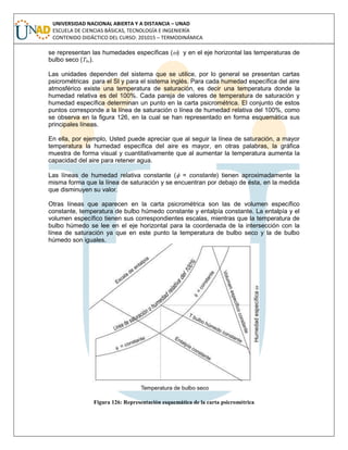 UNIVERSIDAD NACIONAL ABIERTA Y A DISTANCIA – UNAD
ESCUELA DE CIENCIAS BÁSICAS, TECNOLOGÍA E INGENIERÍA
CONTENIDO DIDÁCTICO DEL CURSO: 201015 – TERMODINÁMICA
se representan las humedades específicas () y en el eje horizontal las temperaturas de
bulbo seco (Tbs).
Las unidades dependen del sistema que se utilice, por lo general se presentan cartas
psicrométricas para el SI y para el sistema inglés. Para cada humedad específica del aire
atmosférico existe una temperatura de saturación, es decir una temperatura donde la
humedad relativa es del 100%. Cada pareja de valores de temperatura de saturación y
humedad específica determinan un punto en la carta psicrométrica. El conjunto de estos
puntos corresponde a la línea de saturación o línea de humedad relativa del 100%, como
se observa en la figura 126, en la cual se han representado en forma esquemática sus
principales líneas.
En ella, por ejemplo, Usted puede apreciar que al seguir la línea de saturación, a mayor
temperatura la humedad específica del aire es mayor, en otras palabras, la gráfica
muestra de forma visual y cuantitativamente que al aumentar la temperatura aumenta la
capacidad del aire para retener agua.
Las líneas de humedad relativa constante ( = constante) tienen aproximadamente la
misma forma que la línea de saturación y se encuentran por debajo de ésta, en la medida
que disminuyen su valor.
Otras líneas que aparecen en la carta psicrométrica son las de volumen específico
constante, temperatura de bulbo húmedo constante y entalpía constante. La entalpía y el
volumen específico tienen sus correspondientes escalas, mientras que la temperatura de
bulbo húmedo se lee en el eje horizontal para la coordenada de la intersección con la
línea de saturación ya que en este punto la temperatura de bulbo seco y la de bulbo
húmedo son iguales.
Figura 126: Representación esquemática de la carta psicrométrica
 
