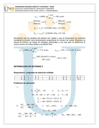 UNIVERSIDAD NACIONAL ABIERTA Y A DISTANCIA – UNAD
ESCUELA DE CIENCIAS BÁSICAS, TECNOLOGÍA E INGENIERÍA
CONTENIDO DIDÁCTICO DEL CURSO: 201015 – TERMODINÁMICA
moles
g
mol
gnCO 100)
44
1
)(4400(2

29.0
350
100
71.0
350
250
22

moles
moles
x
moles
moles
x CON
kPakPaPxP NN 213)300(71.022

kPakPaPxP COCO 87)300(29.022

Asumiendo que las paredes del sistema son rígidas y que la temperatura se mantiene
constante la presión será directamente proporcional al número de moles. Entonces se
calcula el número de moles de nitrógeno adicionales y con ese dato se determina el
nuevo número de moles totales y la presión final.
molesnmoles
g
mol
gn totalesN 4.4214.713504.71)
28
1
)(2000(2

kPa
moles
moleskPa
P 2.361
350
)4.421)(300(

INFORMACIÓN DE RETORNO 2
Respuestas a preguntas de selección múltiple
1. b 2. c 3. c 4. b 5. b
6. d 7. c 8. b 9. a 10. c
Problemas de aplicación
1.
TTTsiTT FCFC  ºººº )32)(
9
5
(
40160416059  TTTT
KTK 15.23315.27340 
RTR 67.41967.45940 
2. CPCP
C
P
TTTT
T
T
ºººº
º
º
410044
0100
100500






1004 ºº  CP TT
FP
F
P
TT
T
T
ºº
º
º
9
20
9
20
32212
100500






640209009 ºº  FP TT
 