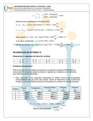 UNIVERSIDAD NACIONAL ABIERTA Y A DISTANCIA – UNAD
ESCUELA DE CIENCIAS BÁSICAS, TECNOLOGÍA E INGENIERÍA
CONTENIDO DIDÁCTICO DEL CURSO: 201015 – TERMODINÁMICA
472.0
0010292.04087.3
0010292.06107.1







fg
f
vv
vv
x
Cálculo de las propiedades en el estado final:
kg
kJ
xhhh fgf 1420)9.33472.2643(472.09.334 
Kkg
kJ
xsss fgf
.
5355.5)66155.36317.7(472.066155.3 
Calor retirado kJ
kg
kJ
KghmQ 6.2709)142080.2774)(0.2( 
% de vapor condensado %8.52100*)472.01( 
Cambio de entropía
K
kJ
Kkg
kJ
kgsmS 9824.3
.
)5355.55267.7)(0.2( 
INFORMACIÓN DE RETORNO 10
Respuestas a preguntas de selección múltiple
1. b 2. a 3. d 4. c 5. b
6. d 7. c 8. c 9. d 10. a
Problemas de aplicación
Para la solución de los problemas propuestos se utilizará el software PROGASES ya
mencionado. En todas las tablas los datos en negrillas son utilizados como referencia
para hallas las otras propiedades.
1. Para responder a las preguntas planteadas se deben conocer las propiedades
termodinámicas del gas para cada estado. Estas se determinar de las condiciones
iniciales y de los procesos sucesivos los resultados se muestran en la tabla siguiente:
kmol
kJ
QUU 2.41836246002.1723623 
Relación de compresión 9
2739.2
6472.20

Estado
Presión, Temperatura, Energía interna Entropía, Volumen,
1 120.0 298.0 6189.4 196412 20.6472
2 2559 700.0 14911.7 196412 2.2739
3 6086 1.664.4 39511.7 218139 2.2739
4 326.0 810.5 17483.6 218139 20.6472
 