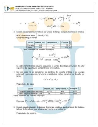UNIVERSIDAD NACIONAL ABIERTA Y A DISTANCIA – UNAD
ESCUELA DE CIENCIAS BÁSICAS, TECNOLOGÍA E INGENIERÍA
CONTENIDO DIDÁCTICO DEL CURSO: 201015 – TERMODINÁMICA

s
kg
m
s
m
N
s
mkg
J
mN
kJ
J
s
kJ
zzg
W
m 37.4
))15(20)(8.9(
.
0.1
.
0.1)1000)(5.1(
)(
2
2
12



























3. En este caso el calor suministrado por unidad de tiempo es igual al cambio de entalpía
de la corriente de agua. )( 12 hhmQ  

.
Entalpías del agua líquida
Estado Presión, Temperatura, Entalpía,
Entrada 110 14 58.87
Salida 110 65 272.08
Datos obtenidos del software Propagua.
s
kg
kg
kJ
s
kJ
hh
Q
m 070.0
)87.5808.272(
)0.15(
)( 12







El problema también se resuelve calculando el cambio de entalpía en función del calor
específico del agua líquida y el cambio de temperatura.
4. En este caso no se consideran los cambios de energía cinética ni de energía
potencial, y como además, la turbina es adiabática no hay transferencia de calor por
tanto:
)( 12 hhmW  

Propiedades del agua:
Estado Presión, Temperatura, Entalpía,
Entrada Vapor sobrecalentado 10.000 400 3.100
Salida Vapor húmedo x = 0,90 75 167,8 2.559
Datos obtenidos del software Propagua.
Entonces
s
kJ
kg
kJ
s
kg
hhmW 3787)31002559)(0.7()( 12  

5. En este caso la ecuación de balance de energía establece que la entalpía del fluido en
la línea de llenado es igual a la energía interna en el recipiente.
Propiedades del oxígeno:
 
