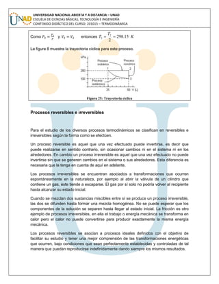UNIVERSIDAD NACIONAL ABIERTA Y A DISTANCIA – UNAD
ESCUELA DE CIENCIAS BÁSICAS, TECNOLOGÍA E INGENIERÍA
CONTENIDO DIDÁCTICO DEL CURSO: 201015 – TERMODINÁMICA
Como y entonces K
T
T 15.298
2
2
3 
La figura 8 muestra la trayectoria cíclica para este proceso.
Figura 25: Trayectoria cíclica
Procesos reversibles e irreversibles
Para el estudio de los diversos procesos termodinámicos se clasifican en reversibles e
irreversibles según la forma como se efectúen.
Un proceso reversible es aquel que una vez efectuado puede invertirse, es decir que
puede realizarse en sentido contrario, sin ocasionar cambios ni en el sistema ni en los
alrededores. En cambio un proceso irreversible es aquel que una vez efectuado no puede
invertirse sin que se generen cambios en el sistema o sus alrededores. Esta diferencia es
necesaria que la tenga en cuenta de aquí en adelante.
Los procesos irreversibles se encuentran asociados a transformaciones que ocurren
espontáneamente en la naturaleza, por ejemplo al abrir la válvula de un cilindro que
contiene un gas, éste tiende a escaparse. El gas por sí solo no podría volver al recipiente
hasta alcanzar su estado inicial.
Cuando se mezclan dos sustancias miscibles entre sí se produce un proceso irreversible,
las dos se difunden hasta formar una mezcla homogénea. No se puede esperar que los
componentes de la solución se separen hasta llegar al estado inicial. La fricción es otro
ejemplo de procesos irreversibles, en ella el trabajo o energía mecánica se transforma en
calor pero el calor no puede convertirse para producir exactamente la misma energía
mecánica.
Los procesos reversibles se asocian a procesos ideales definidos con el objetivo de
facilitar su estudio y tener una mejor comprensión de las transformaciones energéticas
que ocurren, bajo condiciones que sean perfectamente establecidas y controladas de tal
manera que puedan reproducirse indefinidamente dando siempre los mismos resultados.
 