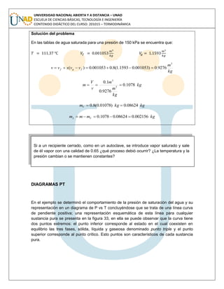 UNIVERSIDAD NACIONAL ABIERTA Y A DISTANCIA – UNAD
ESCUELA DE CIENCIAS BÁSICAS, TECNOLOGÍA E INGENIERÍA
CONTENIDO DIDÁCTICO DEL CURSO: 201015 – TERMODINÁMICA
Solución del problema
En las tablas de agua saturada para una presión de 150 kPa se encuentra que:
kg
m
vvxvv fgf
3
9276.0)001053.01593.1(8.0001053.0)( 
kg
kg
m
m
v
V
m 1078.0
9276.0
1.0
3
3

kgkgmV 08624.0)01078.0(8.0 
kgmmm VL 002156.008624.01078.0 
Si a un recipiente cerrado, como en un autoclave, se introduce vapor saturado y sale
de él vapor con una calidad de 0.65 ¿qué proceso debió ocurrir? ¿La temperatura y la
presión cambian o se mantienen constantes?
DIAGRAMAS PT
En el ejemplo se determinó el comportamiento de la presión de saturación del agua y su
representación en un diagrama de P vs T concluyéndose que se trata de una línea curva
de pendiente positiva; una representación esquemática de esta línea para cualquier
sustancia pura se presenta en la figura 33, en ella se puede observar que la curva tiene
dos puntos extremos: el punto inferior corresponde al estado en el cual coexisten en
equilibrio las tres fases, sólida, líquida y gaseosa denominado punto triple y el punto
superior corresponde al punto crítico. Esto puntos son característicos de cada sustancia
pura.
 