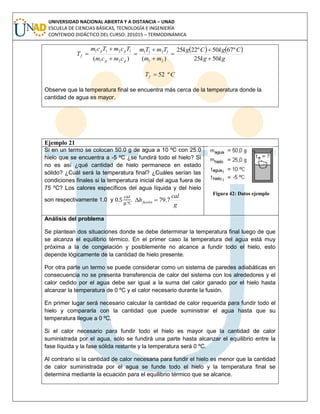 UNIVERSIDAD NACIONAL ABIERTA Y A DISTANCIA – UNAD
ESCUELA DE CIENCIAS BÁSICAS, TECNOLOGÍA E INGENIERÍA
CONTENIDO DIDÁCTICO DEL CURSO: 201015 – TERMODINÁMICA
   
kgkg
CkgCkg
mm
TmTm
cmcm
TcmTcm
T
pp
pp
f
5025
º6750º2225
)()( 21
1211
21
1211









CTf º52
Observe que la temperatura final se encuentra más cerca de la temperatura donde la
cantidad de agua es mayor.
Ejemplo 21
Si en un termo se colocan 50.0 g de agua a 10 ºC con 25.0
hielo que se encuentra a -5 ºC ¿se fundirá todo el hielo? Si
no es así ¿qué cantidad de hielo permanece en estado
sólido? ¿Cuál será la temperatura final? ¿Cuáles serían las
condiciones finales si la temperatura inicial del agua fuera de
75 ºC? Los calores específicos del agua líquida y del hielo
son respectivamente 1.0 y .
g
cal
hfusión 7.79
Figura 42: Datos ejemplo
Análisis del problema
Se plantean dos situaciones donde se debe determinar la temperatura final luego de que
se alcanza el equilibrio térmico. En el primer caso la temperatura del agua está muy
próxima a la de congelación y posiblemente no alcance a fundir todo el hielo, esto
depende lógicamente de la cantidad de hielo presente.
Por otra parte un termo se puede considerar como un sistema de paredes adiabáticas en
consecuencia no se presenta transferencia de calor del sistema con los alrededores y el
calor cedido por el agua debe ser igual a la suma del calor ganado por el hielo hasta
alcanzar la temperatura de 0 ºC y el calor necesario durante la fusión.
En primer lugar será necesario calcular la cantidad de calor requerida para fundir todo el
hielo y compararla con la cantidad que puede suministrar el agua hasta que su
temperatura llegue a 0 ºC.
Si el calor necesario para fundir todo el hielo es mayor que la cantidad de calor
suministrada por el agua, sólo se fundirá una parte hasta alcanzar el equilibrio entre la
fase líquida y la fase sólida restante y la temperatura será 0 ºC.
Al contrario si la cantidad de calor necesaria para fundir el hielo es menor que la cantidad
de calor suministrada por el agua se funde todo el hielo y la temperatura final se
determina mediante la ecuación para el equilibrio térmico que se alcance.
 