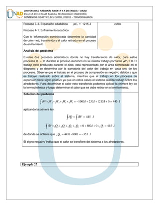 UNIVERSIDAD NACIONAL ABIERTA Y A DISTANCIA – UNAD
ESCUELA DE CIENCIAS BÁSICAS, TECNOLOGÍA E INGENIERÍA
CONTENIDO DIDÁCTICO DEL CURSO: 201015 – TERMODINÁMICA
Proceso 3-4. Expansión adiabática 3W4 = 1215 J
Proceso 4-1. Enfriamiento isocórico
Con la información suministrada determine la cantidad
de calor neto transferido y el calor retirado en el proceso
de enfriamiento.
cíclico
Análisis del problema
Existen dos procesos adiabáticos donde no hay transferencia de calor, para estos
procesos ; durante el proceso isocórico no se realiza trabajo por tanto 4W1 = 0. El
trabajo neto producido durante el ciclo, está representado por el área sombreada en el
diagrama y se determina por la sumatoria del valor del trabajo en cada uno de los
procesos. Observe que el trabajo en el proceso de compresión es negativo debido a que
es trabajo realizado sobre el sistema, mientras que el trabajo en los procesos de
expansión tiene signo positivo ya que en estos casos el sistema realiza trabajo sobre los
alrededores. Para determinar el calor neto transferido podemos aplicar la primera ley de
la termodinámica y luego determinar el calor que se debe retirar en el enfriamiento.
Solución del problema
  J4450J1215J230J100014433221 WWWWW
aplicando la primera ley
J445  WQ 
  J4450J8000 1414433221 QQQQQW
de donde se obtiene que J355800J-J44514 Q
El signo negativo indica que el calor se transfiere del sistema a los alrededores.
Ejemplo 27
 