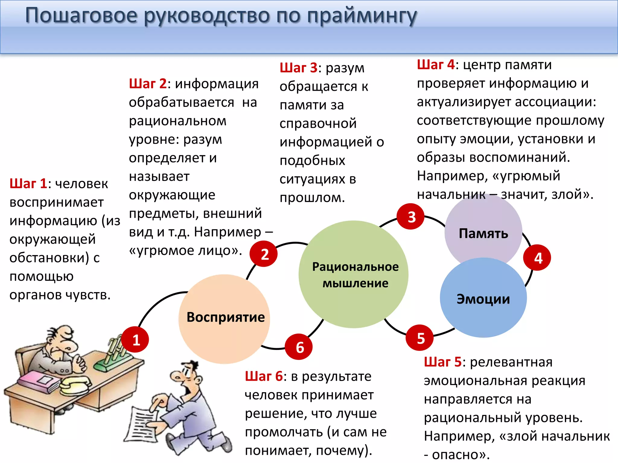 Пошаговое руководство по праймингу
1
Восприятие
Рациональное
мышление
2
Память
3
Эмоции
4
5
6
Шаг 1: человек
воспринимает
информацию (из
окружающей
обстановки) с
помощью
органов чувств.
Шаг 2: информация
обрабатывается на
рациональном
уровне: разум
определяет и
называет
окружающие
предметы, внешний
вид и т.д. Например –
«угрюмое лицо».
Шаг 3: разум
обращается к
памяти за
справочной
информацией о
подобных
ситуациях в
прошлом.
Шаг 4: центр памяти
проверяет информацию и
актуализирует ассоциации:
соответствующие прошлому
опыту эмоции, установки и
образы воспоминаний.
Например, «угрюмый
начальник – значит, злой».
Шаг 5: релевантная
эмоциональная реакция
направляется на
рациональный уровень.
Например, «злой начальник
- опасно».
Шаг 6: в результате
человек принимает
решение, что лучше
промолчать (и сам не
понимает, почему).
 