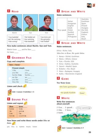 25
R E A D
Now make sentences about Martin, Sue and Tom.
Martin loves ____ and he likes ____.
He hates ____.
3
G R A M M A R F I L E
Copy and complete.
love or loves?
Present simple
I like I love
you like you ____
he/she likes he/she ____
we like we ____
you like you ____
they like they ____
Listen and check.
Unit 1 Lesson 3 Activities 1–3
4
S P E A K A N D W R I T E
Make sentences.
6
3
Australia.
Italian Kurdistan.
Hungarian Spain.
English Poland.
Greek Hungary.
They speak Polish in the USA.
Kurdish England.
Spanish Greece.
Portuguese Italy.
Brazil.
‘I love basketball
and I like swimming.
I hate running!’
‘I like football and
I love swimming.
I hate basketball!’
‘I love tennis and
I like gymnastics.
I hate football!’
Martin Sue Tom
S O U N D F I L E
Listen and repeat.
likes loves
hates lives
its games
lots his
tennis countries
Now listen and write these words under likes or
loves.
yes this is names music listen
5
S P E A K A N D W R I T E
Make sentences.
Silvia – Rome, Italy.
Silvia lives in Rome. She speaks Italian.
1 Banaz – Dohuk, Kurdistan
2 Maria – Athens, Greece
3 Tom – Florida, USA
4 Anna – Sydney, Australia
5 Daniel – Madrid, Spain
6 Roberto – Rio, Brazil
7 Peter – Budapest, Hungary
8 Kathy – Manchester, England
G A M E
THE NAME GAME
W R I T E
Write five sentences
about yourself.
I live… I speak…
I like… I love…
I hate…
Unit 1 Lesson 3 Activities 4–7
9
8
7
Kawa!
Anna!
She hates gymnastics
He speaks Kurdish
I love swimming!
1405097159_Sunrise_7_SB 02.qxd 22/4/08 16:27 Page 25
 
