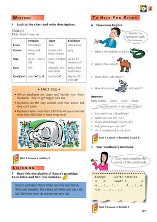 57
4 Look at the chart and write descriptions.
Penguin
This bird lives in …
Penguin Tiger Elephant
Lives Antarctica Asia Africa/Asia
Colour black and brown with grey
white black stripes
Size up to 1 metre up to 3 metres up to 3.5
tall long metres tall
Eats fish animals, fish, grass, fruit
and birds and leaves
Can/Can’t swim  fly  run fast  live for 70
years 
• FACT FILE •
• African elephants are larger and heavier than Asian
elephants. They’ve got bigger ears too.
• Elephants are the only animals with four knees. But
they can’t jump!
• Elephants drink more than 180 litres of water and eat
more than 200 kilos of food every day!
5 Read this description of Banaz’s partridge.
Then listen and find four mistakes.
Banaz’s partridge is from Britain and lives near Dohuk.
She’s very beautiful. She’s black and white and has a big
tail. She’s two years old and can run very fast.
4
Match the
questions with
the answers.
Put the words in the right order.
L I S T E N I N G
W R I T I N G T O H E L P Y O U S T U D Y
Copy and complete the
names of the continents!
6 Classroom English
1 What’s the English word for ?
2 What’s this called?
3 What does ‘cub’ mean?
4 How do you say in English?
Answers
baby animal camel shark snake
1 how spell you it do please?
2 again you can say that?
3 mean what excuse you me do?
4 help please you can me?
5 this I understand word don’t.
Unit 4 Lesson 4 Activities 3 and 4
7 Your vocabulary notebook
Europe North America
A _ _ a South A _ _ _ _ _ a
A _ _ t _ _ l _ a A _ _ i _ a
A n _ _ _ c _ _ c a
Unit 4 Lesson 4 Activity 5
Unit 4 Lesson 4 Activity 2
1405097159_Sunrise_7_SB 02.qxd 24/4/08 11:43 Page 57
 