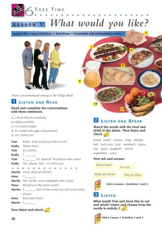 There’s an international evening at the Village Hotel.
L I S T E N A N D R E A D
Read and complete the conversations
with these sentences.
a) I think they’re meatballs.
b) What’s tortilla?
c) I’m really hungry.
d) It’s made with eggs and potatoes.
e) No, thank you.
Tom Kathy, what would you like to eat?
Kathy What’s that?
Tom It’s tortilla.
Kathy 1 _______
Tom 2 _______ It’s Spanish. Would you like some?
Kathy Yes, please. Mm – it’s delicious!
Martin Anna, what are those?
Anna 3 _______
Martin OK, I’d like some meatballs and a pizza.
Anna Would you like some salad?
Martin 4 _______ But I’d like some rice and some chips,
please.
Anna Rice and chips?!
Martin 5 _______
Now listen and check.
1
L I S T E N A N D S P E A K
Match the words with the food and
drink in the photo. Then listen and
check.
bread butter cheese chips kebabs
fish fruit juice fruit meatballs pizzas
rice salad spaghetti tortilla
vegetables water
Now ask and answer.
Unit 6 Lesson 1 Activities 1 and 2
L I S T E N
What would Tom and Anna like to eat
and drink? Listen and choose from the
words in activity 2.
Unit 6 Lesson 1 Activities 3 and 4
3
2
70
F R E E T I M E
. . . . . . . . . . . . . . . . . . . . . .
What would y
What would you like?
ou like?
L E S S O N 1
6
6
would like + noun/infinitive • that/those • Countable and uncountable nouns
What’s that?
What are those?
It’s rice.
They’re chips.
. . . . . . . . . . . . .
2
1
7
6
8
13
14
15
12
1405097159_Sunrise_7_SB 02.qxd 22/4/08 16:45 Page 70
 