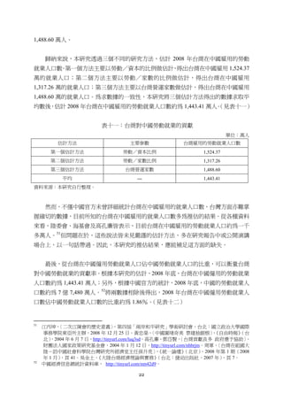 22
1,488.60 萬人。
歸納來說，本研究透過三個不同的研究方法，估計 2008 年台商在中國雇用的勞動
就業人口數。第一個方法主要以勞動／資本的比例做估計，得出台商在中國雇用 1,524.37
萬的就業人口；第二個方法主要以勞動／家數的比例做估計，得出台商在中國雇用
1,317.26 萬的就業人口；第三個方法主要以台商營運家數做估計，得出台商在中國雇用
1,488.60 萬的就業人口。為求數據的一致性，本研究將三個估計方法得出的數據求取平
均數後，估計 2008 年台商在中國雇用的勞動就業人口數約為 1,443.41 萬人。（見表十一）
表十一：台商對中國勞動就業的貢獻
單位：萬人
估計方法 主要參數 台商雇用的勞動就業人口數
第一個估計方法 勞動／資本比例 1,524.37
第二個估計方法 勞動／家數比例 1,317.26
第三個估計方法 台商營運家數 1,488.60
平均 --- 1,443.41
資料來源：本研究自行整理。
然而，不僅中國官方未曾詳細統計台商在中國雇用的就業人口數，台灣方面亦難掌
握確切的數據，目前所知的台商在中國雇用的就業人口數多為推估的結果。從各種資料
來看，陸委會、海基會及高孔廉皆表示，目前台商在中國雇用的勞動就業人口約為一千
多萬人。51
但問題在於，這些說法皆未見嚴謹的估計方法，多在研究報告中或公開演講
場合上，以一句話帶過。因此，本研究的推估結果，應能補足這方面的缺失。
最後，從台商在中國僱用勞動就業人口佔中國勞動就業人口的比重，可以衡量台商
對中國勞動就業的貢獻率。根據本研究的估計，2008 年底，台商在中國僱用的勞動就業
人口數約為 1,443.41 萬人；另外，根據中國官方的統計，2008 年底，中國的勞動就業人
口數約為 7 億 7,480 萬人。52
將兩數據相除後得出，2008 年台商在中國僱用勞動就業人
口數佔中國勞動就業人口數的比重約為 1.86％。（見表十二）
                                                       
51
江丙坤，〈二次江陳會的歷史意義〉，第四屆「兩岸和平研究」學術研討會，台北：國立政治大學國際
事務學院東亞所主辦，2008 年 12 月 25 日。黃忠榮，〈中國圍堵奇美 禁建抽銀根〉，《自由時報》（台
北），2004 年 6 月 7 日，http://tinyurl.com/luq3sd。高孔廉、鄧岱賢，〈台商貢獻良多 政府應予協助〉，
財團法人國家政策研究基金會，2004 年 1 月 12 日，http://tinyurl.com/nhbrjm。周軍，〈台商在祖國大
陸－訪中國社會科學院台灣研究所經濟室主任孫升亮〉，《統一論壇》（北京），2008 年第 1 期（2008
年 1 月），頁 41。吳金土，《大陸台商經濟理論與實務》（台北：捷幼出版社，2007 年），頁 7。
52
中國經濟信息網統計資料庫， http://tinyurl.com/nm42d9。
 