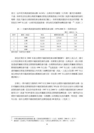8
美元，佔所有外商直接投資金額 14.34％，台商名列中國第二大外商，僅次於港澳商。
不過，本研究沒有估算台商經英屬維京群島及開曼群島以外的第三地對中國直接投資的
規模，因此不論在台商直接投資金額或項目數上，本研究應該還是存在低估的問題。特
別是在 1997 年以前，台商多是透過香港、新加坡及美國等地轉投資中國。23
（見表二）
表二：中國外商直接投資累計實際投資金額：1979-2008 年－本研究估計
單位：億美元；％
排序 國家（地區） 項目 實際投資金額 比重
1 港澳 310,608 3,578.02 41.97
2 台灣 92,818 1,222.85 14.34
3 日本 41,126 653.76 7.67
4 美國 56,610 596.50 7.00
5 南韓 48,808 419.10 4.92
資料來源：本研究自行整理。
除估計累計至 2008 年底台商對中國直接投資金額的數據外，運用上述公式，還可
以分別估算各年度台商對中國直接投資的金額。但需要注意的是，台商並非一直以來都
是透過英屬維京群島及開曼群島轉投資中國。台商開始將資金大量匯往英屬維京群島及
開曼群島轉投資中國，大約在 1996 年以後。24
也就是說，1997 年以前，台商大多是透
過英屬維京群島及開曼群島以外的第三地轉投資中國。因此，上述公式估算 1997 年以
後台商每年對中國直接投資金額應該比較可信，而估算 1997 年以前的年度數據之誤差
應該較大。
計算上，將中國官方發佈的 1997 年至 2008 年每年台商對中國直接投資的金額，加
計英屬維京群島及開曼群島對中國直接投資金額的 70％後，即可估計出每年台商對中國
直接投資的金額。從估計的結果來看，1997 年至 2008 年，台商對中國直接投資 1,060.63
億美元中，高達 735.09 億美元是由英屬維京群島及開曼群島轉投資。另外，雖然每年台
商對中國直接投資的金額雖略有波動，但整體上呈現穩定成長的趨勢。特別是，2006
年以後，每年台商對中國直接投資的金額皆超過 100 億美金。（見表三）
                                                       
23
中華民國經濟部投資業務處 編，《香港投資環境簡介》，（台北：經濟部，2006 年），頁 15。
24
童振源，《全球化下的兩岸經濟關係》（台北：生智文化事業有限公司，2003 年），頁 25。
 