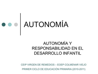 AUTONOMÍA 
AUTONOMÍA Y 
RESPONSABILIDAD EN EL 
DESARROLLO INFANTIL 
CEIP VIRGEN DE REMEDIOS – EOEP COLMENAR VIEJO 
PRIMER CICLO DE EDUCACIÓN PRIMARIA (2010-2011) 
 