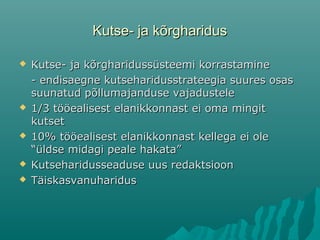 Kutse- ja kõrgharidusKutse- ja kõrgharidus
 Kutse- ja kõrgharidussüsteemi korrastamineKutse- ja kõrgharidussüsteemi korrastamine
- endisaegne kutseharidusstrateegia suures osas- endisaegne kutseharidusstrateegia suures osas
suunatud põllumajanduse vajadustelesuunatud põllumajanduse vajadustele
 1/3 tööealisest elanikkonnast ei oma mingit1/3 tööealisest elanikkonnast ei oma mingit
kutsetkutset
 10% tööealisest elanikkonnast kellega ei ole10% tööealisest elanikkonnast kellega ei ole
“üldse midagi peale hakata”“üldse midagi peale hakata”
 Kutseharidusseaduse uus redaktsioonKutseharidusseaduse uus redaktsioon
 TäiskasvanuharidusTäiskasvanuharidus
 