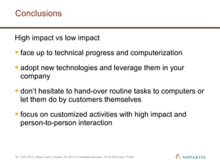 Conclusions
| ICIC 2015 | Dieter Kuery | October 20, 2015 | Knowledge Manager - Fit for the Future | Public28
High impact vs low impact
 face up to technical progress and computerization
 adopt new technologies and leverage them in your
company
 don’t hesitate to hand-over routine tasks to computers or
let them do by customers themselves
 focus on customized activities with high impact and
person-to-person interaction
 