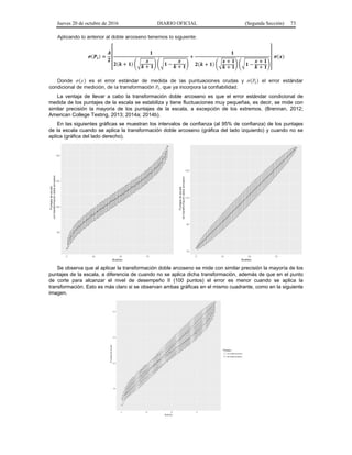 Jueves 20 de octubre de 2016 DIARIO OFICIAL (Segunda Sección) 73
La ventaja de llevar a cabo la transformación doble arcoseno es que el error estándar condicional de
medida de los puntajes de la escala se estabiliza y tiene fluctuaciones muy pequeñas, es decir, se mide con
similar precisión la mayoría de los puntajes de la escala, a excepción de los extremos. (Brennan, 2012;
American College Testing, 2013; 2014a; 2014b).
En las siguientes gráficas se muestran los intervalos de confianza (al 95% de confianza) de los puntajes
de la escala cuando se aplica la transformación doble arcoseno (gráfica del lado izquierdo) y cuando no se
aplica (gráfica del lado derecho).
Se observa que al aplicar la transformación doble arcoseno se mide con similar precisión la mayoría de los
puntajes de la escala, a diferencia de cuando no se aplica dicha transformación, además de que en el punto
de corte para alcanzar el nivel de desempeño II (100 puntos) el error es menor cuando se aplica la
transformación. Esto es más claro si se observan ambas gráficas en el mismo cuadrante, como en la siguiente
imagen.
 