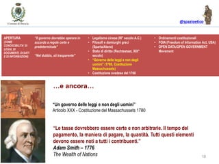 @spazioetico
1818
“Un governo delle leggi e non degli uomini”
Articolo XXX - Costituzione del Massachussets 1780
“Le tasse dovrebbero essere certe e non arbitrarie. Il tempo del
pagamento, la maniera di pagare, la quantità. Tutti questi elementi
devono essere noti a tutti i contribuenti.”
Adam Smith – 1776
The Wealth of Nations
APERTURA
(COME
CONOSCIBILITA’ DI
LEGGI, DI
DOCUMENTI, DI DATI
E DI INFORMAZIONI)
“Il governo dovrebbe operare in
accordo a regole certe e
predeterminate”
“Nel dubbio, sii trasparente”
• Legalismo cinese (III° secolo A.C.)
• Filosofi e demiurghi greci
(Sparta/Atene)
• Stato di diritto (Rechtsstaat, XIX°
secolo)
• “Governo delle leggi e non degli
uomini” (1780, Costituzione
Massachussets)
• Costituzione svedese del 1766
• Ordinamenti costituzionali
• FOIA (Freedom of Information Act, USA)
• OPEN DATA/OPEN GOVERNMENT
Movement
…e ancora…
 
