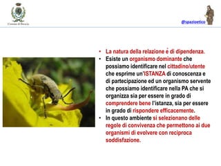 @spazioetico
• La natura della relazione è di dipendenza.
• Esiste un organismo dominante che
possiamo identificare nel cittadino/utente
che esprime un’ISTANZA di conoscenza e
di partecipazione ed un organismo servente
che possiamo identificare nella PA che si
organizza sia per essere in grado di
comprendere bene l’istanza, sia per essere
in grado di rispondere efficacemente.
• In questo ambiente si selezionano delle
regole di convivenza che permettono ai due
organismi di evolvere con reciproca
soddisfazione.
 