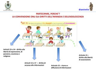 @spazioetico
PARTECIPARE, PERCHE’?
LA CONVENZIONE ONU SUI DIRITTI DELL’INFANZIA E DELL’ADOLESCENZA
Articoli 13 e 14 – diritto alla
libertà di espressione, di
pensiero, coscienza e
religione
Articoli 13 e 17 – diritto di
accesso alle informazioni Articolo 13 – ricerca e
diffusione di informazioni
Articolo 15 –
diritto alla libertà
di associazione
 