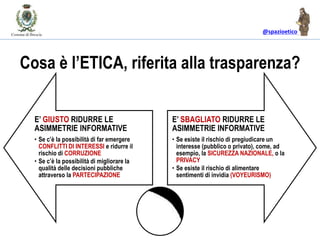 @spazioetico
Cosa è l’ETICA, riferita alla trasparenza?
E’ GIUSTO RIDURRE LE
ASIMMETRIE INFORMATIVE
• Se c’è la possibilit...