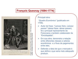 François Quesnay (1694-1774)
Principal obra:
“Quadro Econômico” (publicada em
1758).
 Autor da frase: “Laissez faire, Laissez
passer” (deixai fazer, deixai passar),
foi o principal representante da
Fisiocracia e também colaborador da
“Enciclopédia”.
 Em sua obra, demonstra a relação
entre diferentes classes e setores
econômicos e o fluxo de pagamentos
entre eles.
 Defende a ideia de que o mercado é
que define o que seria mais adequado
produzir.
HISTÓRIA, 8º Ano do Ensino Fundamental
O Iluminismo
Imagem:
Johann-Georg
Wille
e
Jean
Chevalier,
1747/
Pavillon
de
Jussieu,
Versailles
(commune)/
Public
Domain
 