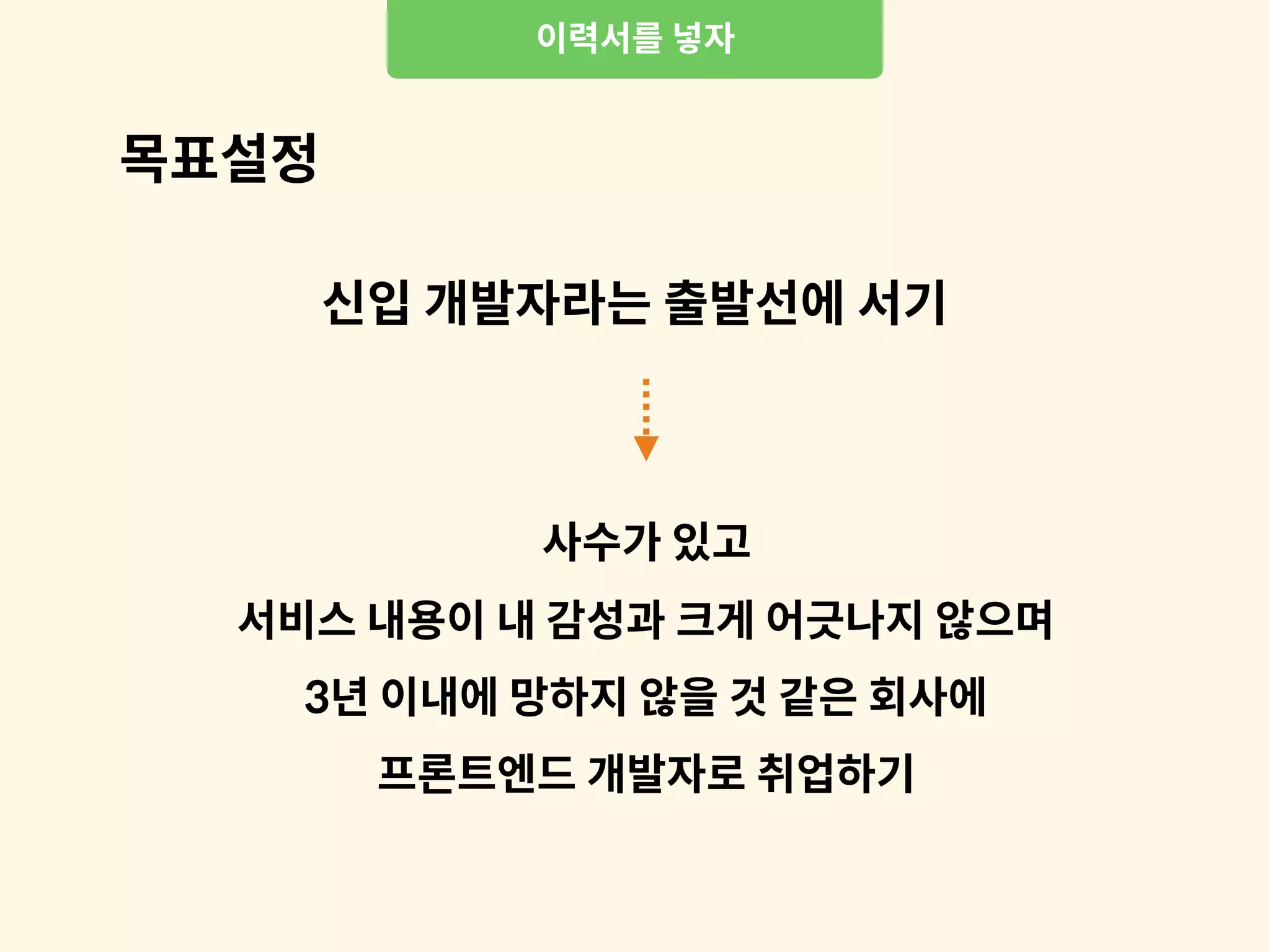 이력서를 넣자
사수가 있고
서비스 내용이 내 감성과 크게 어긋나지 않으며
3년 이내에 망하지 않을 것 같은 회사에
프론트엔드 개발자로 취업하기
신입 개발자라는 출발선에 서기
목표설정
 